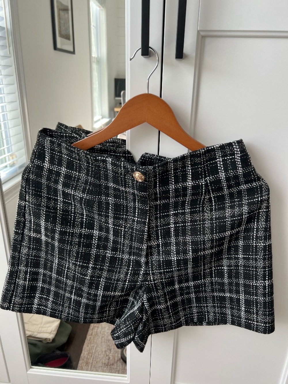ZARA Black & White Plaid Tweed High-Waisted Shorts Gold Button L